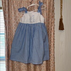 Blue and White Kids Dress with Bunny Embroidery